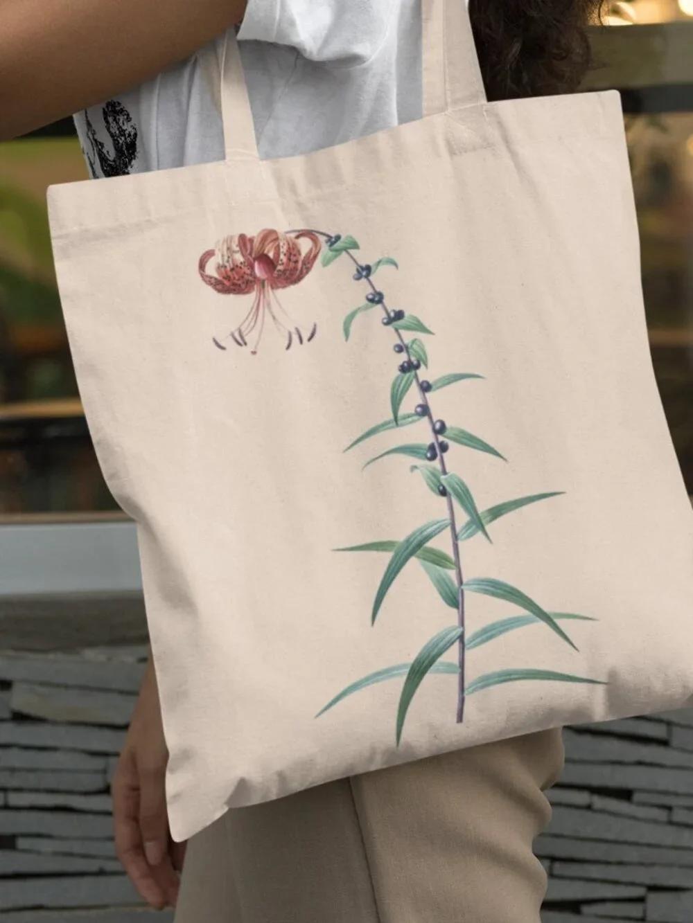 Tiger Lily Vintage Floral Print Graphic Canvas Tote Bag